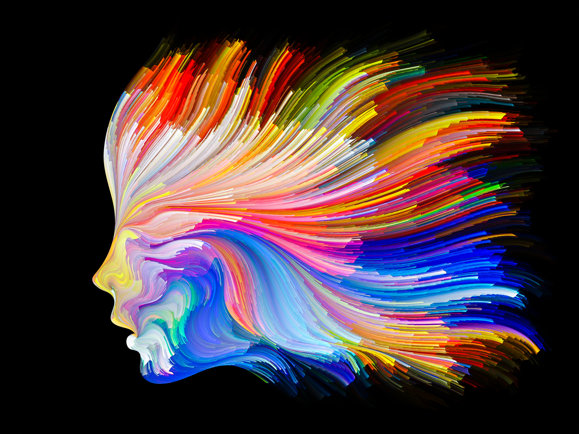 abstract profile of face on black background with multiple colors streaming out of it